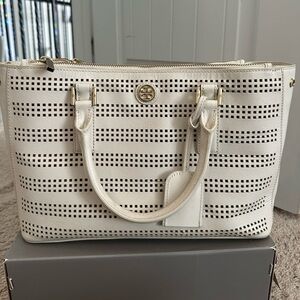 Tory Burch White Robinson Double Zip Purse Tote